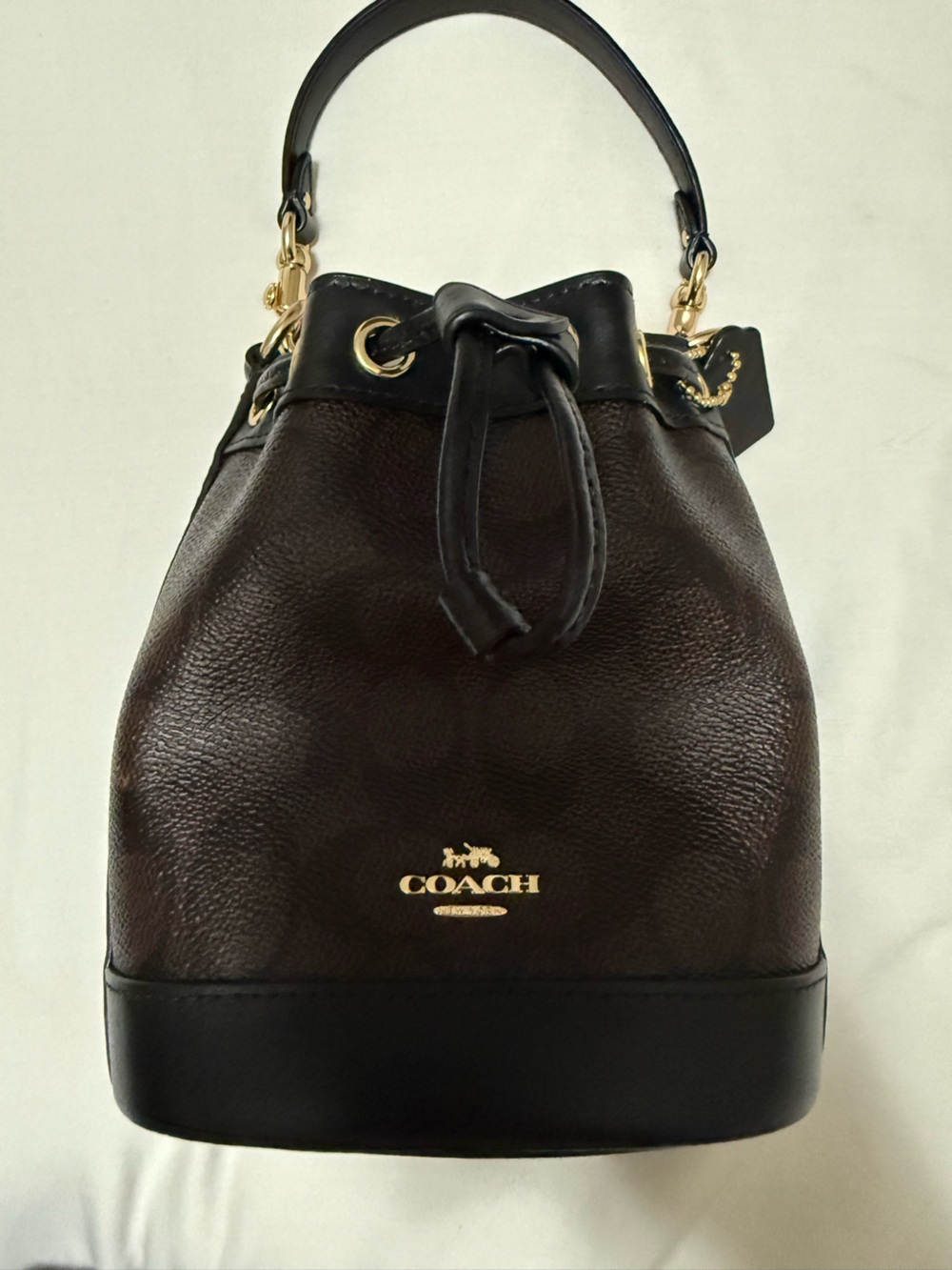 Coach Dark Brown Leather Drawstring Bucket Bag with Black Trim